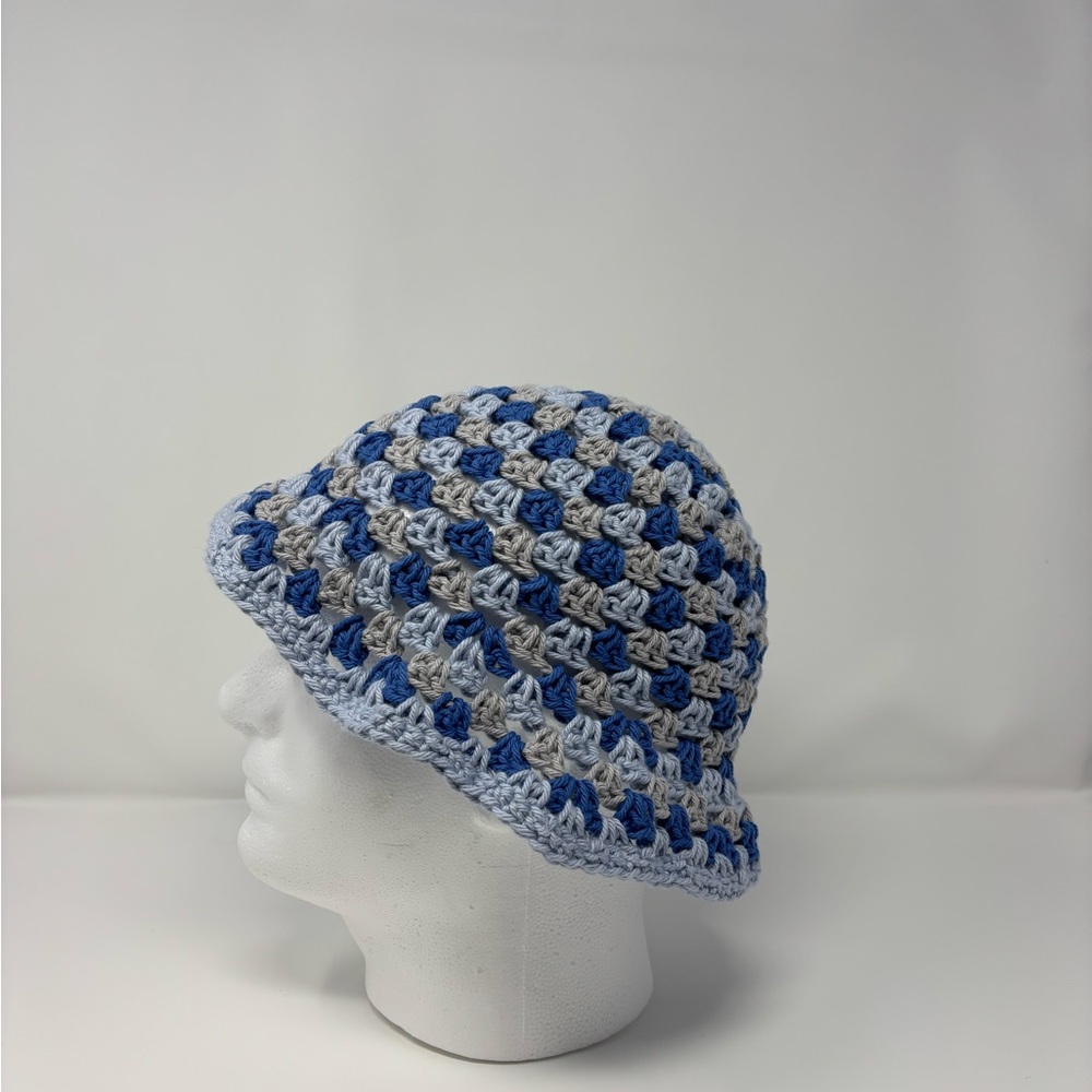Icy Blue Striped Crochet Granny Stitch Bucket Hat
